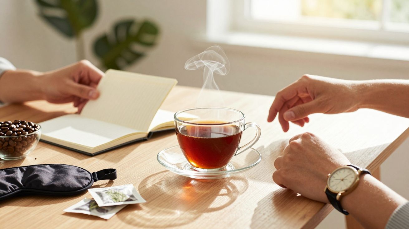 Duas pessoas à mesa com chá quente, bloco de notas, relógio e grãos de café.