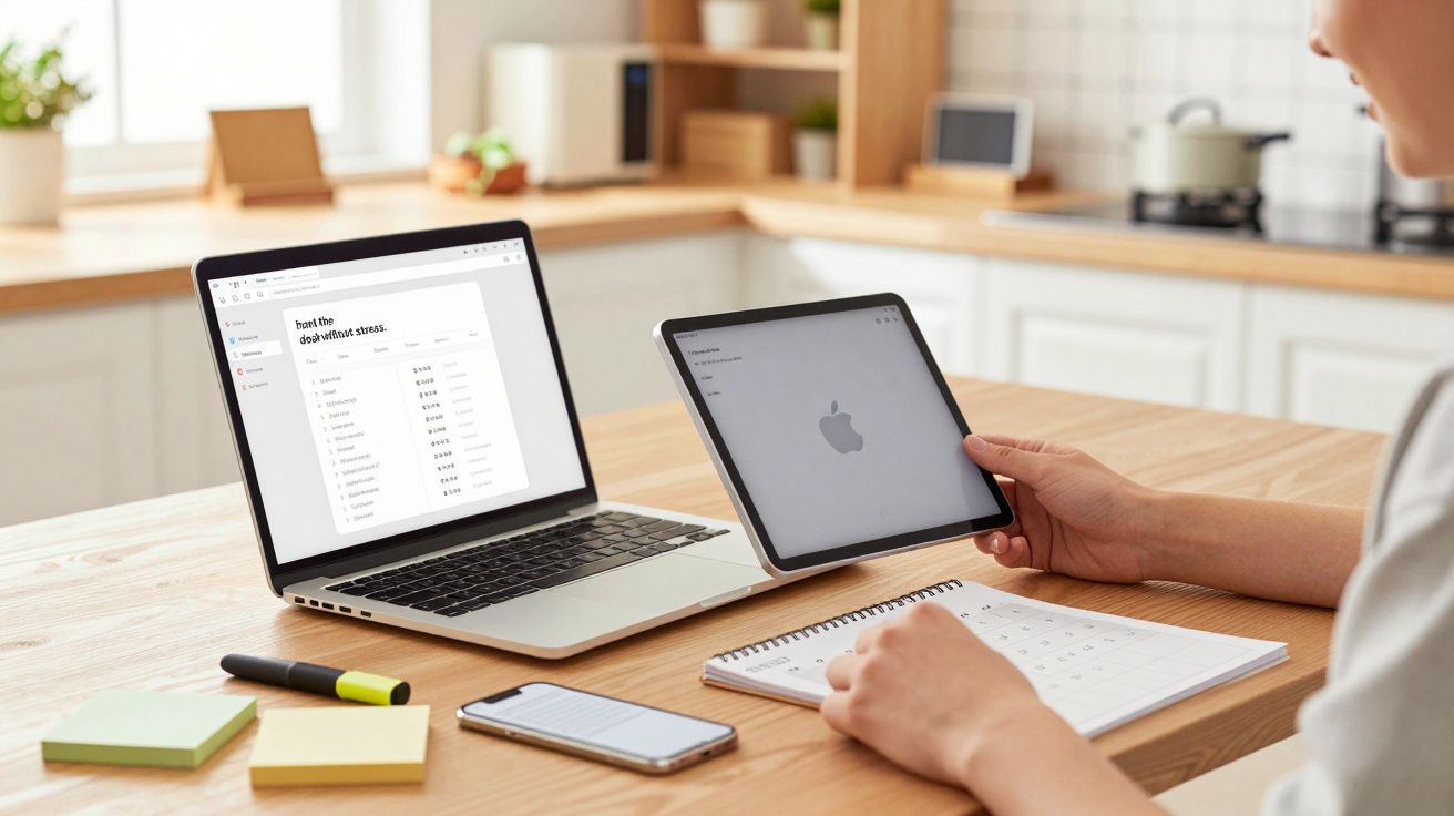 Pessoa trabalha com portátil e tablet numa cozinha, com caderno e telemóvel ao lado.