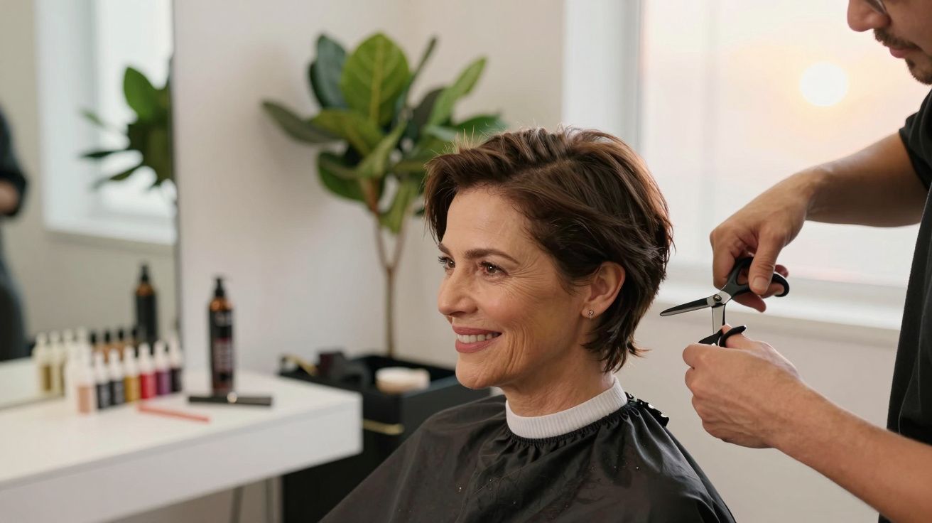 Mulher sorridente num salão de cabeleireiro, enquanto cabeleireiro corta o cabelo curto.