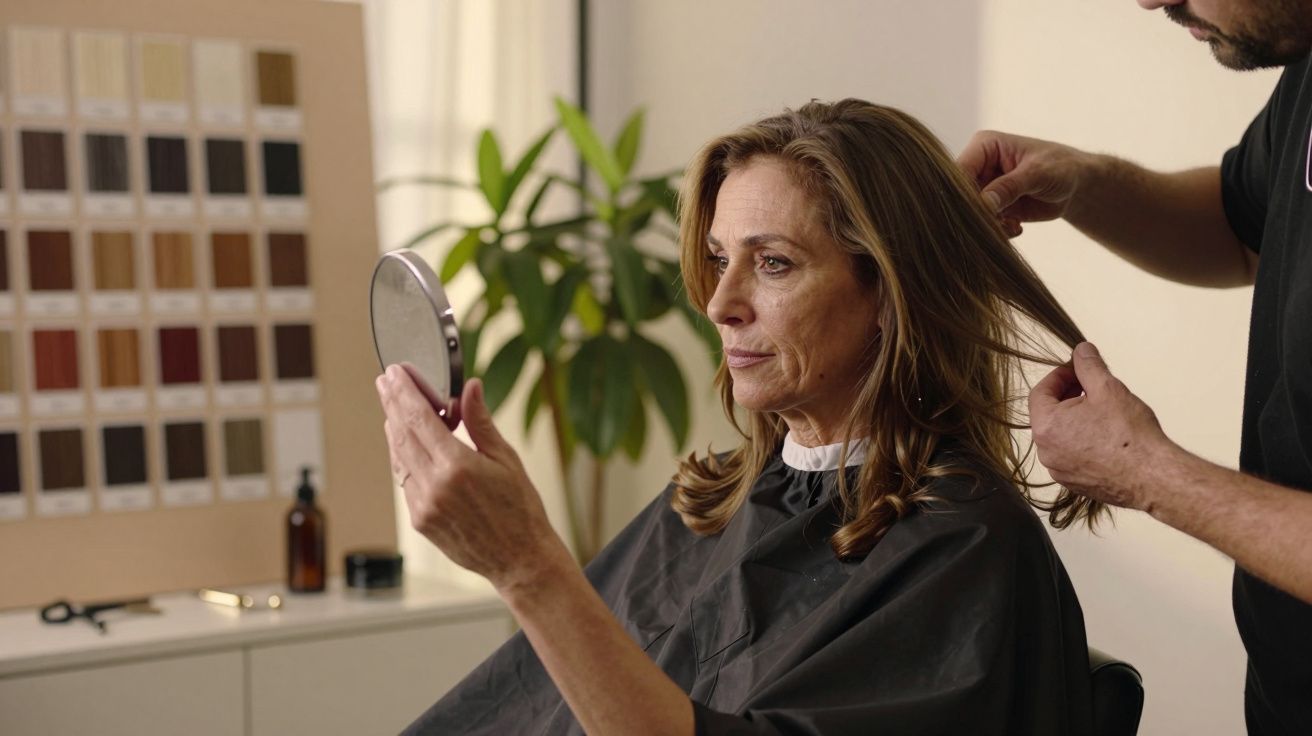 Mulher sentada com cabeleireiro, segura um espelho, enquanto escolhe cor de cabelo em painel à sua frente.