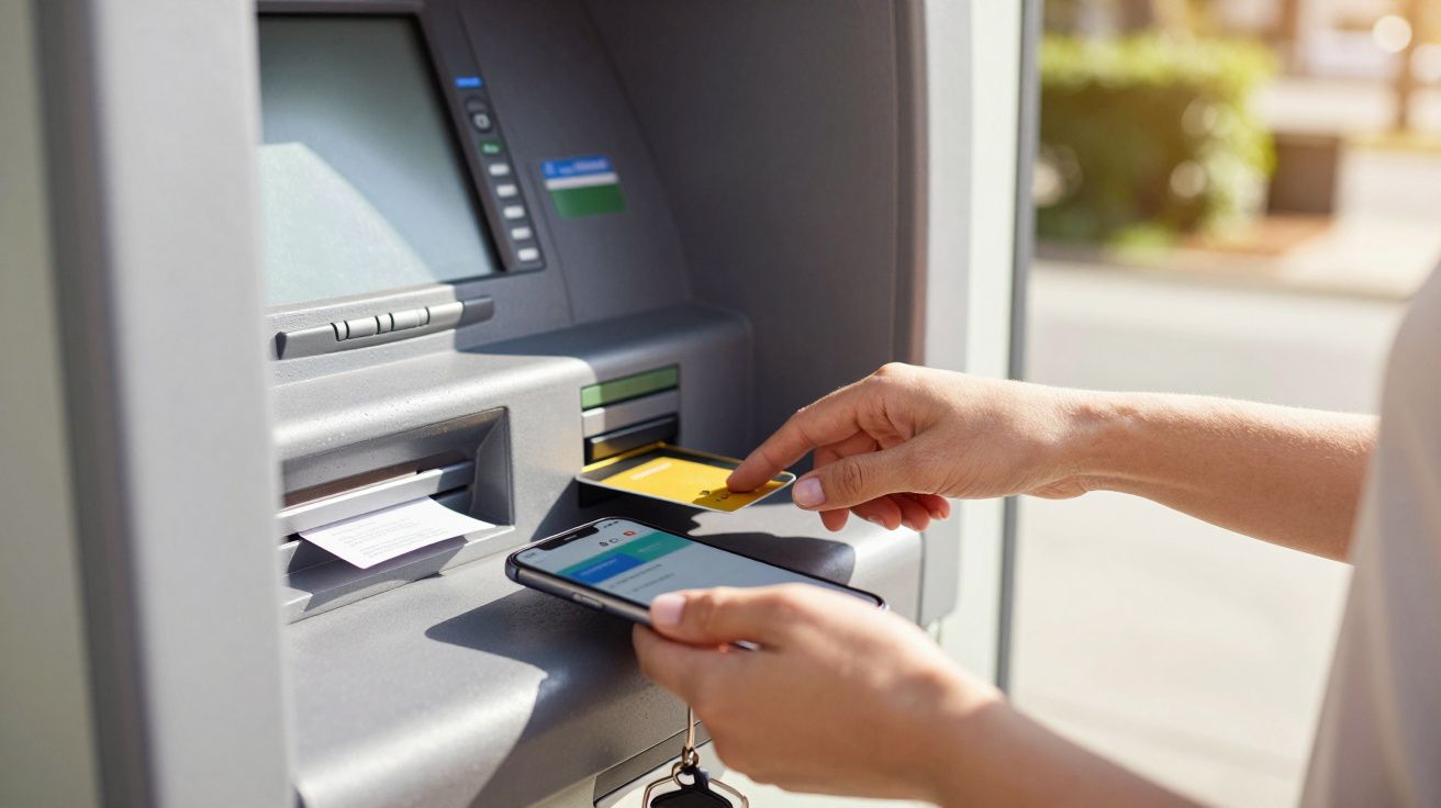 Pessoa usando um cartão num multibanco enquanto segura um telemóvel.