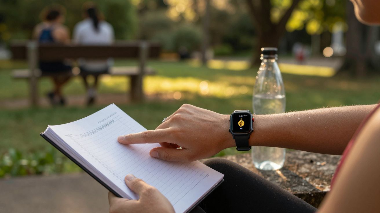 Pessoa com bloco de notas e relógio inteligente ao ar livre, garrafa de água ao lado, parque ao fundo.