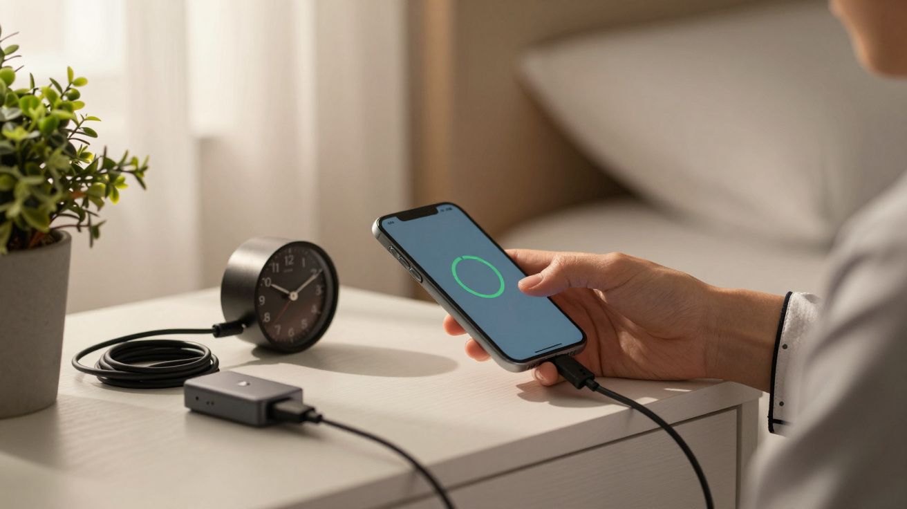 Pessoa segura smartphone a carregar numa mesa de cabeceira junto a relógio preto e planta, com luz suave de janela.