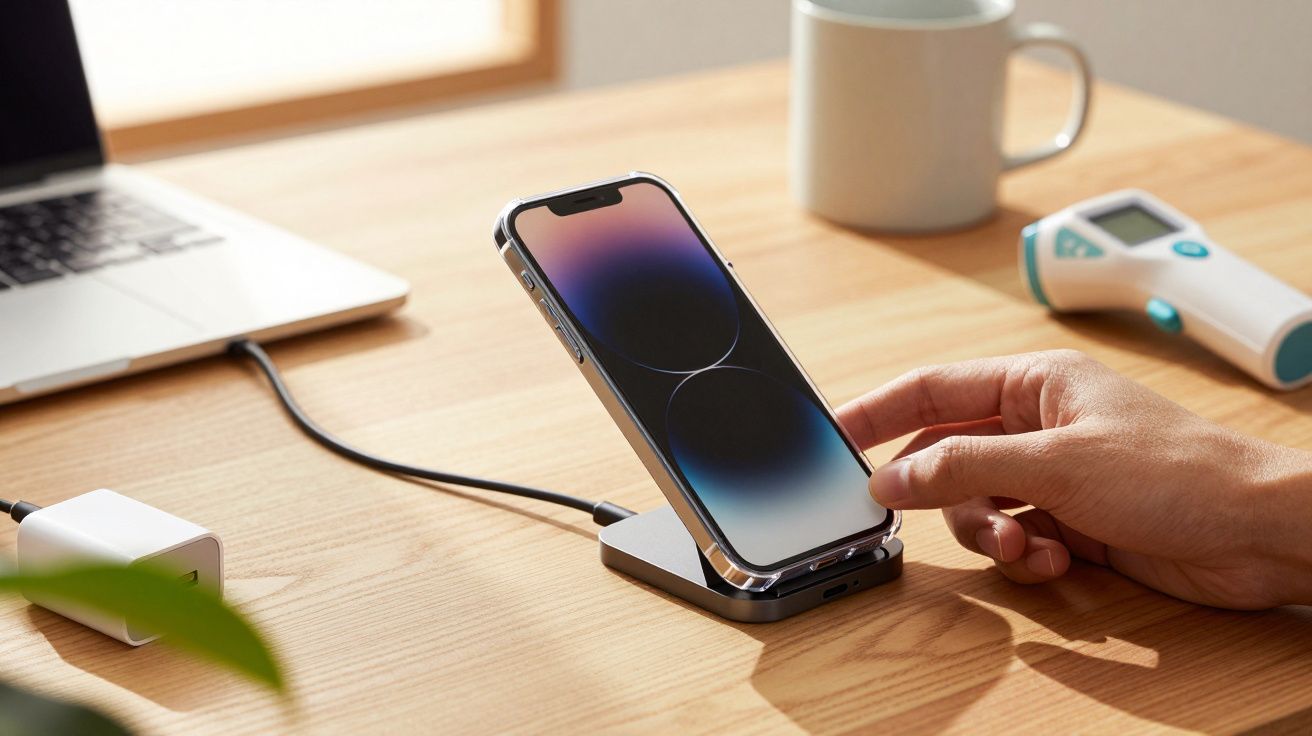 Pessoa toca num smartphone em carregador sobre mesa, com portátil, chávena e termómetro ao fundo.