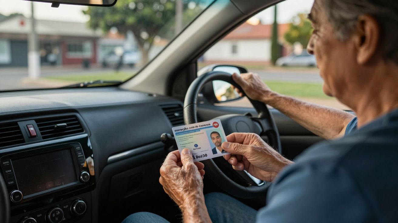 Homem idoso no carro segurando carta de condução.