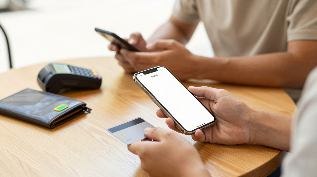 Pessoa segurando smartphone e cartão de crédito, com terminal de pagamento e carteira sobre mesa de madeira.