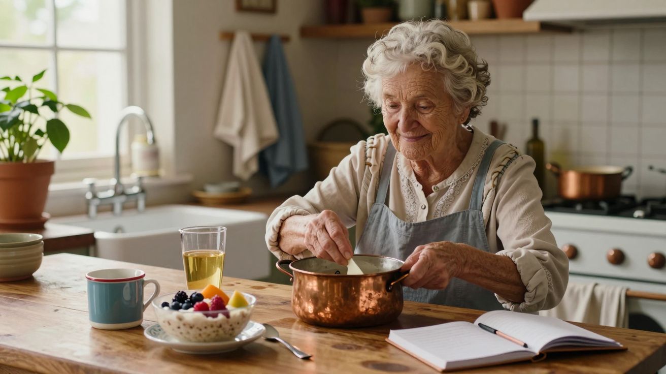 Idosa cozinhando numa panela de cobre, sentada à mesa com caderno, chávena e taça de fruta no pequeno-almoço.