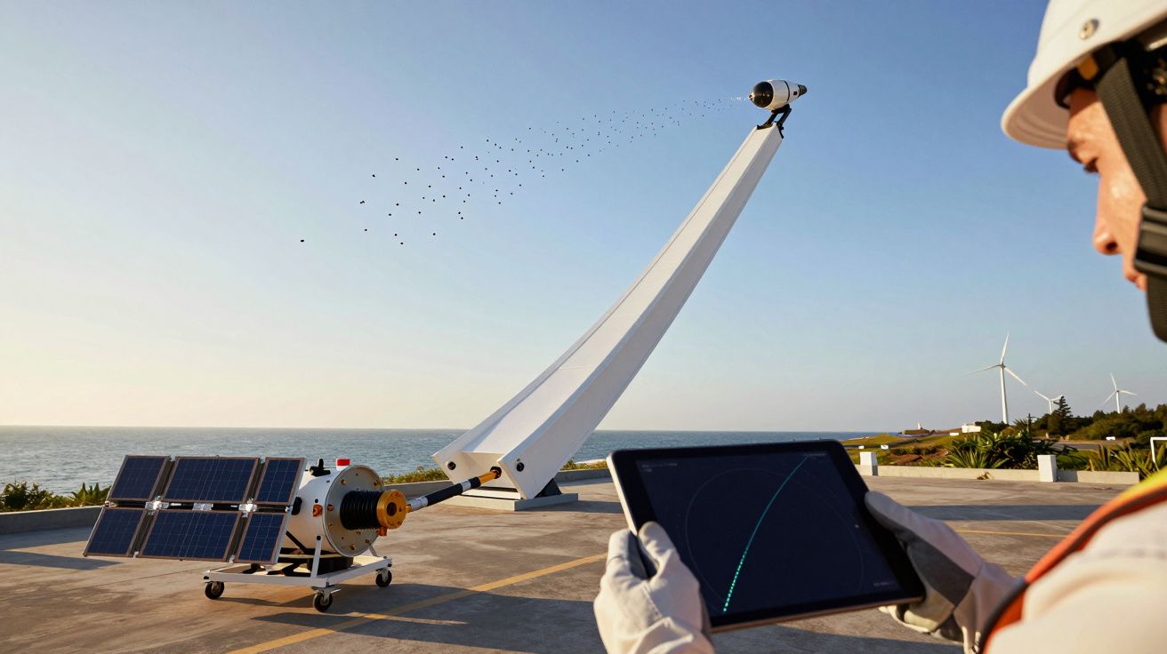 Pessoa controla dispositivo de lançamento com painel solar e tablet ao ar livre, ventoínia ao fundo.