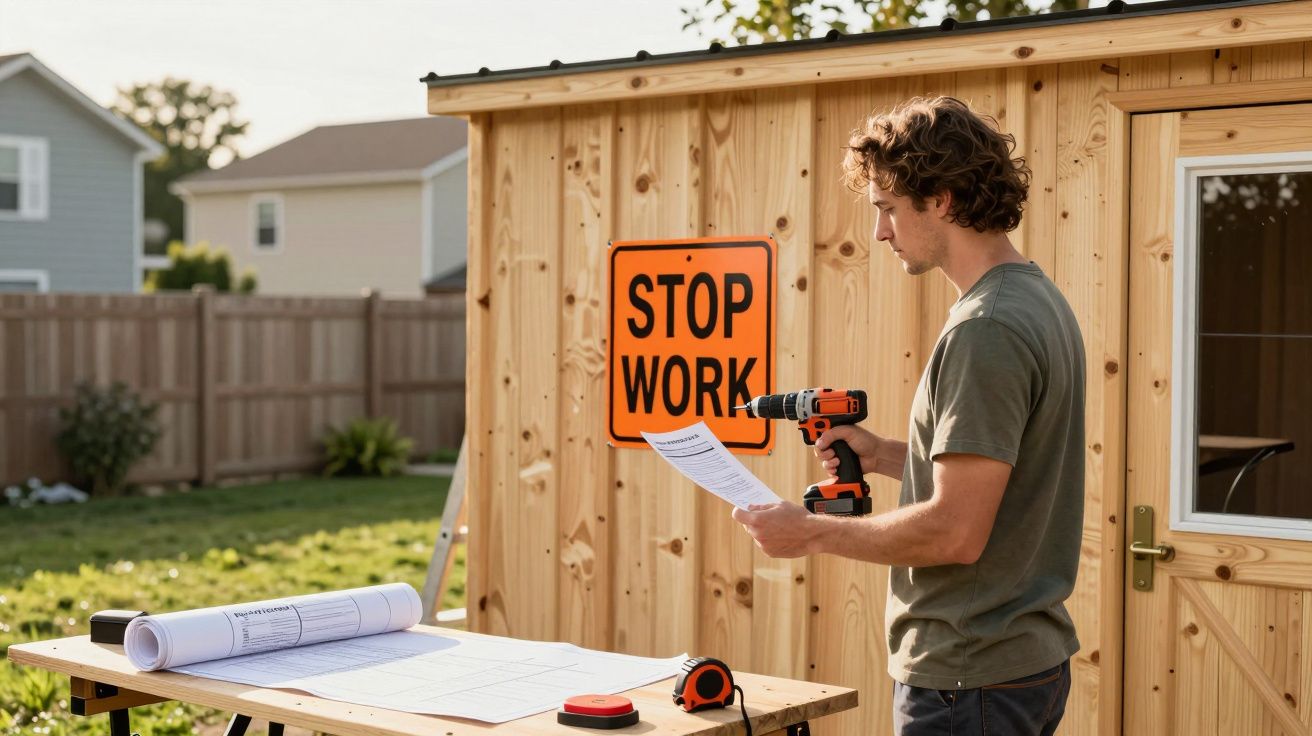 Homem com berbequim e papel ao lado de uma cabana de madeira com sinal "Stop Work".