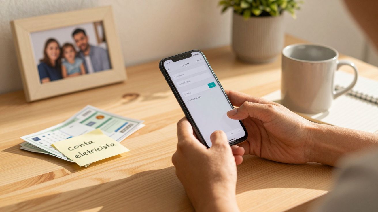 Pessoa usando smartphone à mesa com contas e post-it escrito "conta eletricista" ao lado de uma foto emoldurada e chávena.