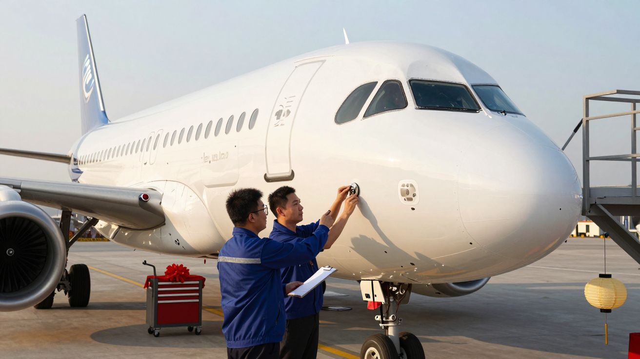 Dois técnicos inspecionam um avião branco parado na pista com um carrinho de ferramentas ao lado.