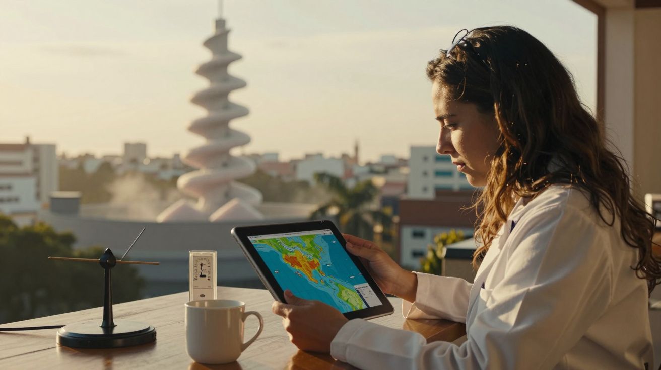 Mulher consulta mapa meteorológico num tablet em varanda, com equipamentos de medição ao lado. Fundo urbano ao pôr do sol.