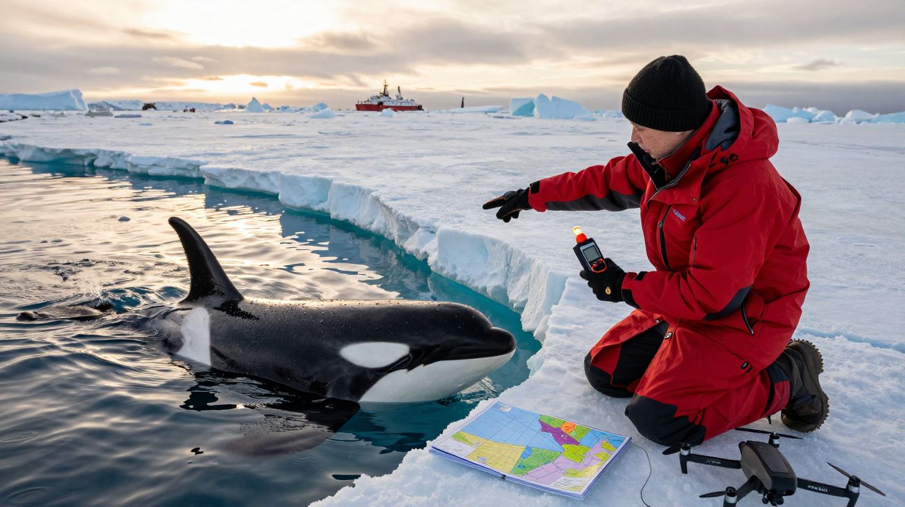 Investigador de casaco vermelho interage com orca junto ao gelo, com um barco ao fundo.