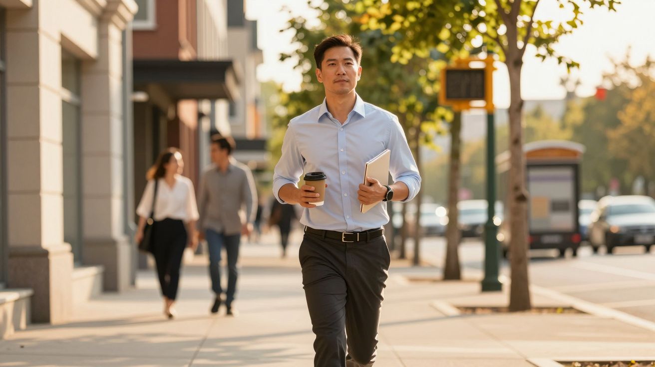 Homem a caminhar na rua com um café na mão, rodeado por árvores, prédios e outras pessoas ao fundo.