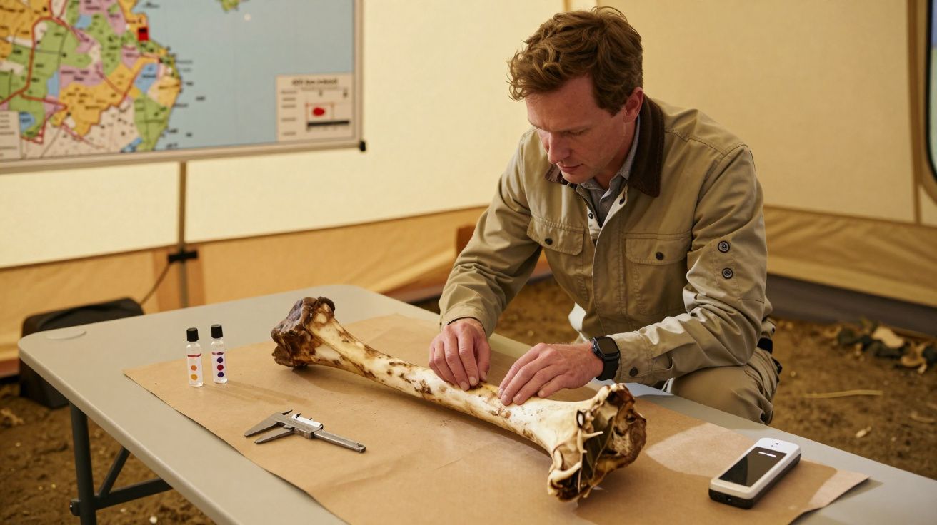 Homem examina um osso grande numa mesa dentro de uma tenda com mapa ao fundo.