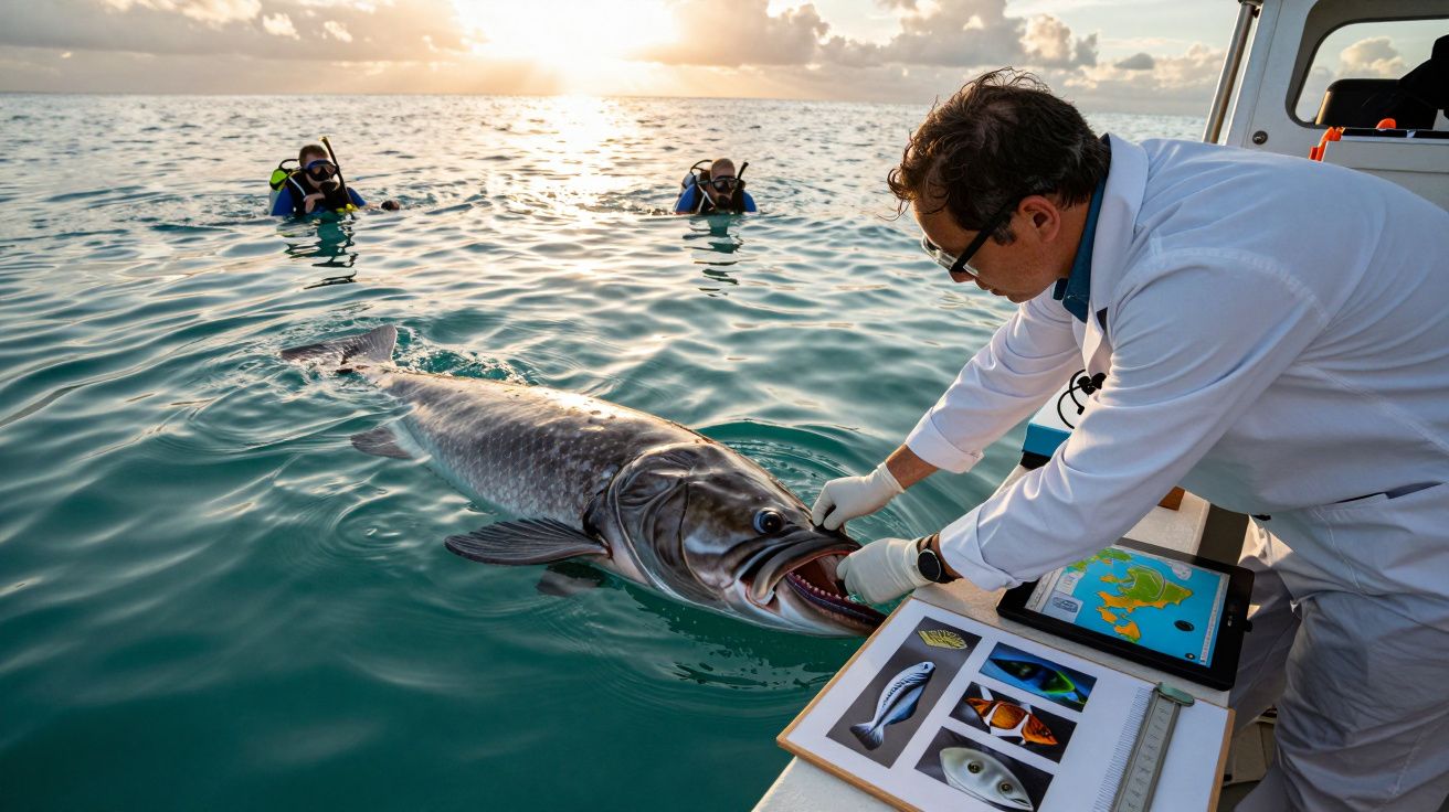 Cientista estuda peixe grande a bordo de barco, com duas pessoas a nadar ao fundo.