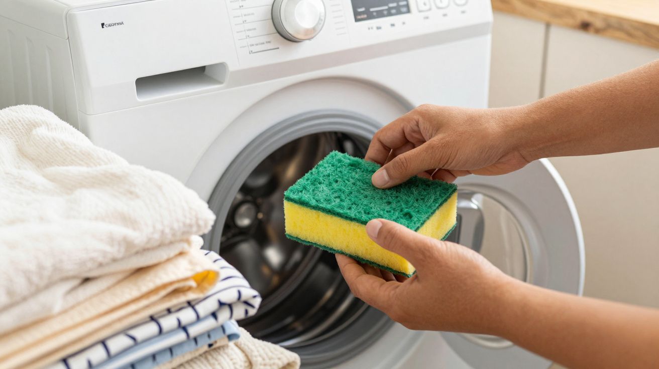 Mãos seguram uma esponja verde e amarela em frente a uma máquina de lavar roupa com porta aberta, toalhas dobradas ao lado.