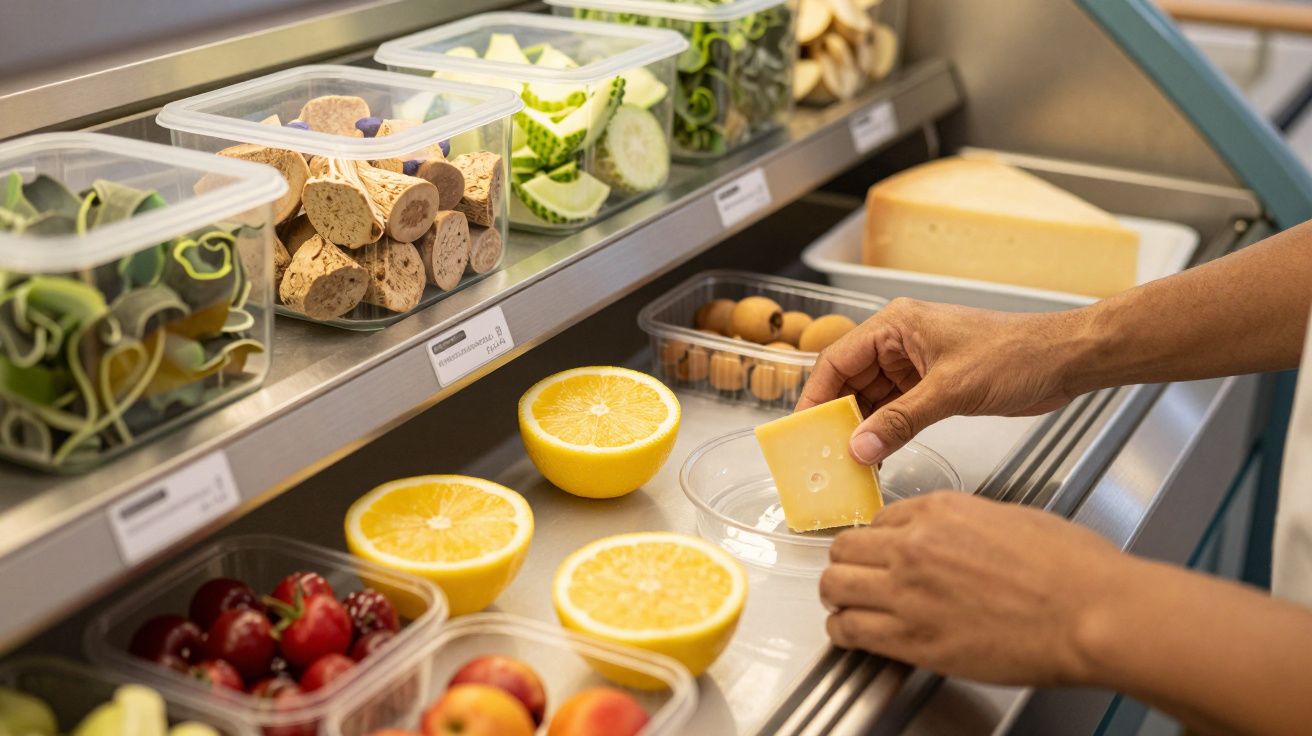 Mãos colocando fatia de queijo num prato, rodeado por laranjas e recipientes com alimentos frescos e variados numa prateleira