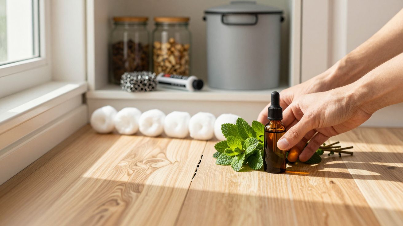 Mãos posicionam frasco de óleo essencial junto a folhas verdes sobre mesa de madeira, ao lado de frascos e bolas de algodão.