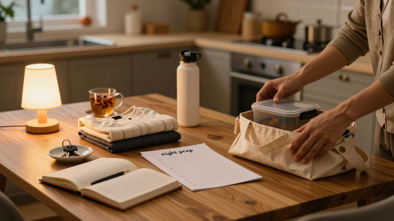 Pessoa arruma lancheira com caixa, garrafa e roupa dobrada numa cozinha, com papel "night prep" e caderno abertos na mesa.