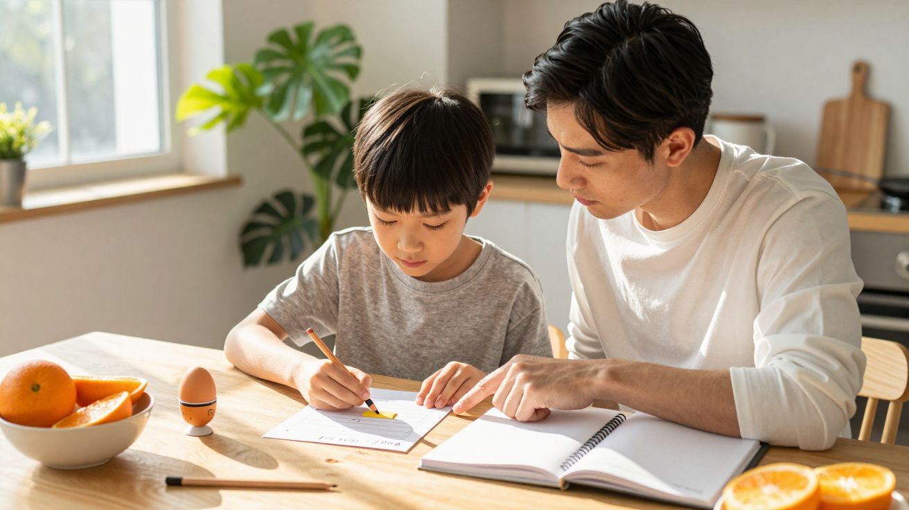 Pai e filho estudam juntos à mesa da cozinha, com cadernos e lápis, em ambiente ensolarado e acolhedor.
