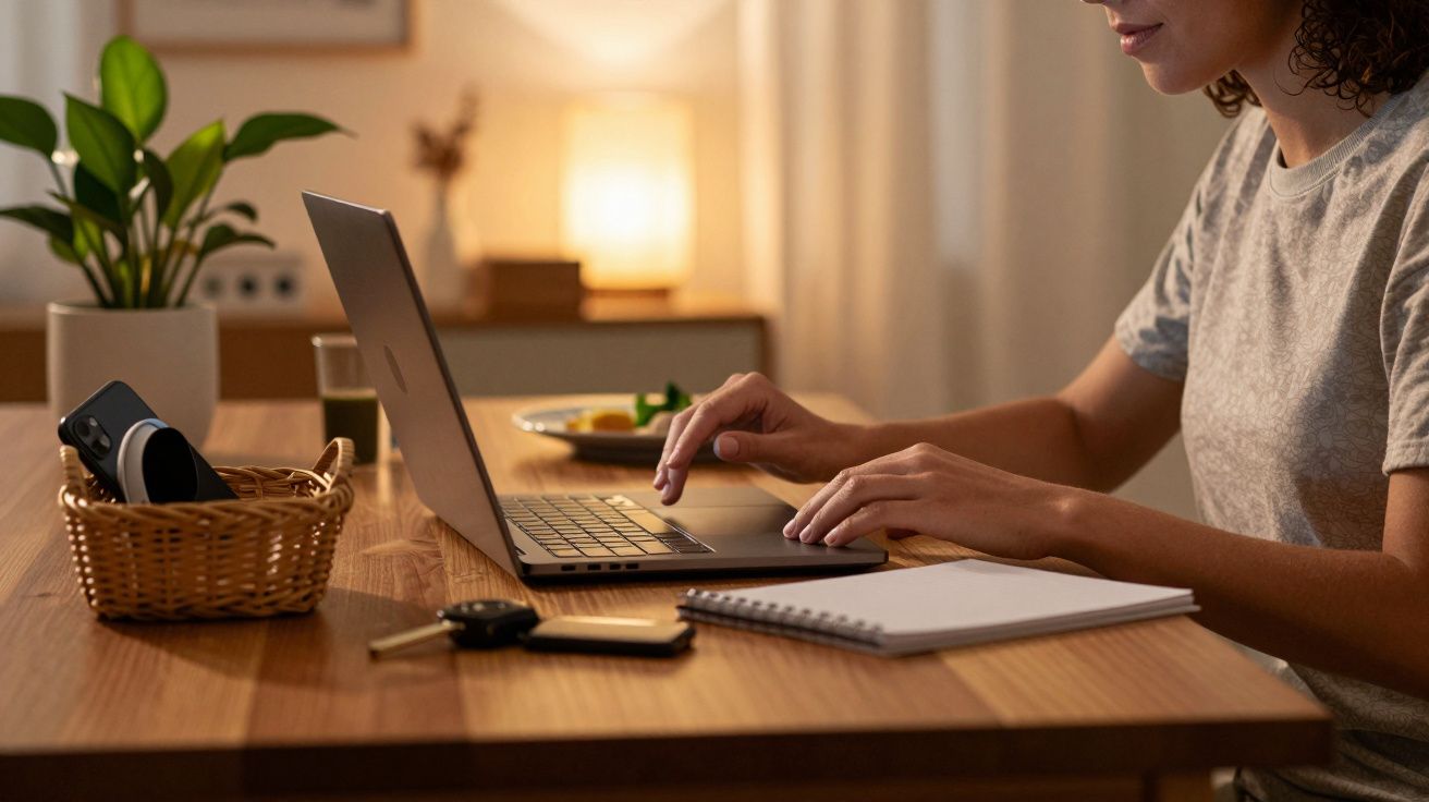 Mulher a trabalhar num portátil em casa, com caderno e cesto na mesa, luz suave ao fundo.