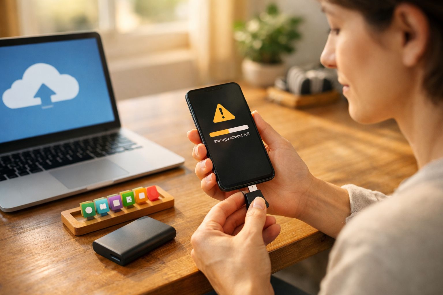 Pessoa usando smartphone na mesa com portáteis, chávena e dispositivo de backup ligado.