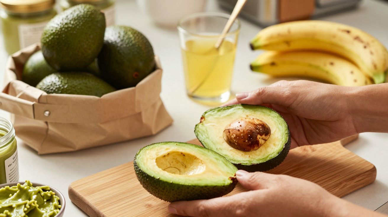 Mãos seguram abacate cortado ao meio sobre tábua. Ao fundo, sacola de abacates, bananas e copo de sumo.