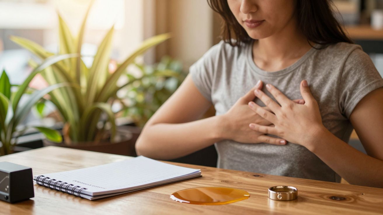 Mulher meditando com as mãos no peito, sentada à mesa com bloco de notas e plantas ao fundo.