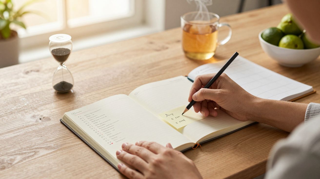 Pessoa escreve nota em caderno num ambiente tranquilo, com chá e ampulheta sobre a mesa.