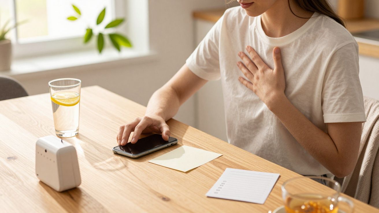 Mulher numa mesa de madeira com um copo de água com limão, um telemóvel, folhas de papel e uma mão no peito.
