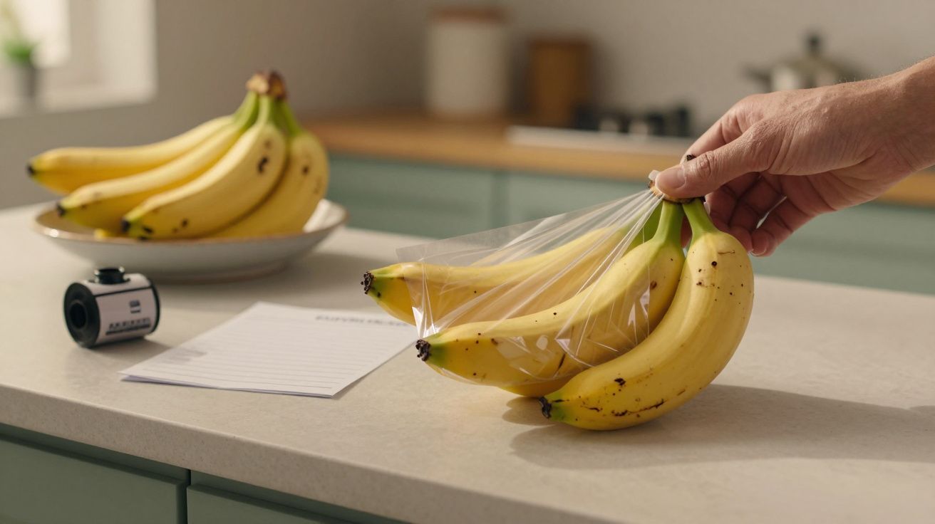 Mão segurando bananas cobertas por película aderente em bancada de cozinha, com bloco de notas e prato ao fundo.