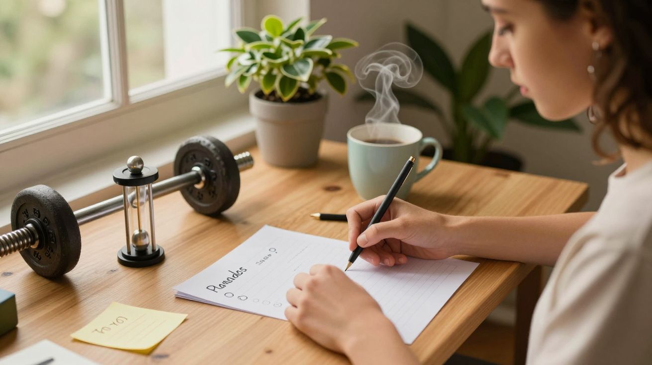 Mulher escreve num bloco de notas numa secretária com planta, café e haltere.