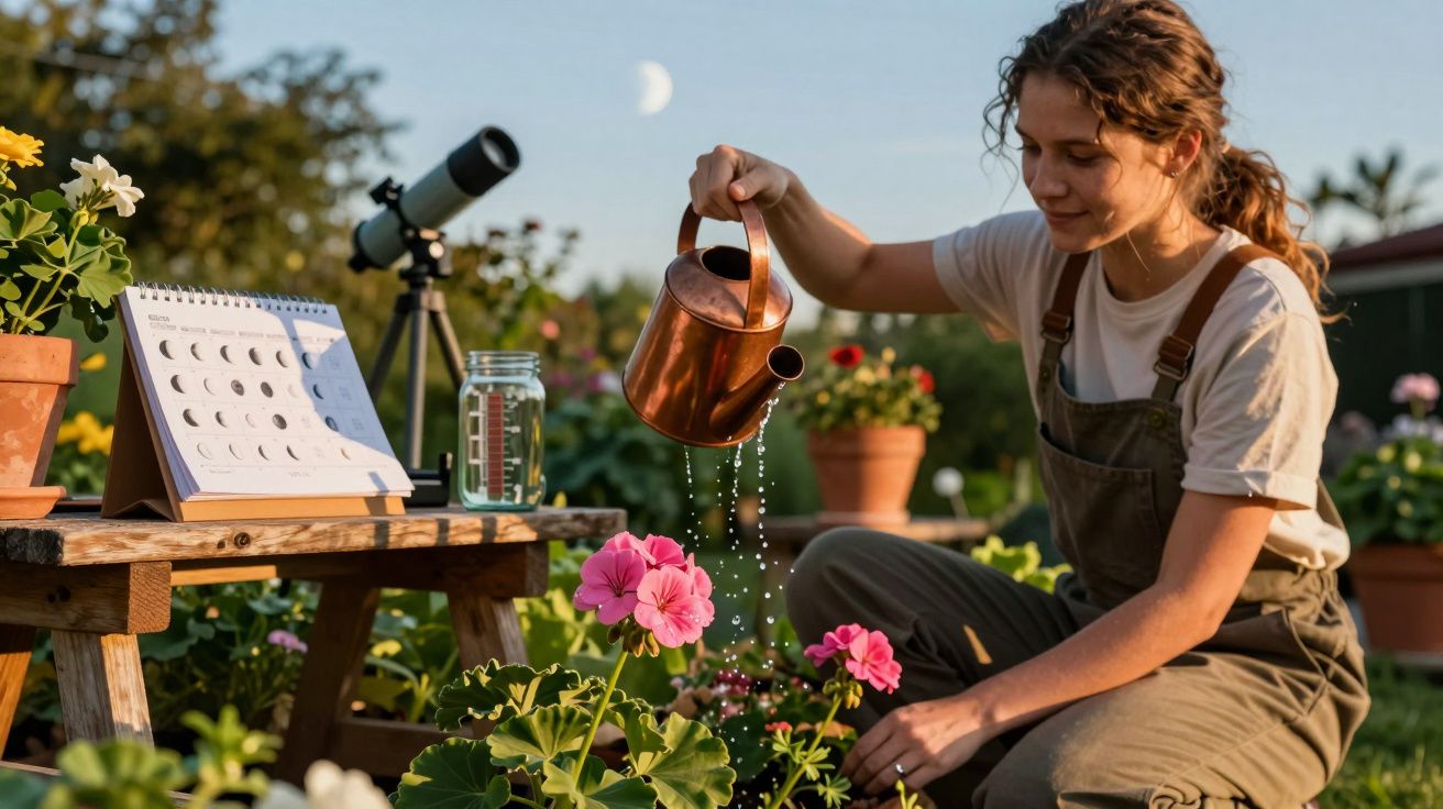 Mulher a regar flores no jardim, com calendário lunar e telescópio ao fundo, durante o entardecer.