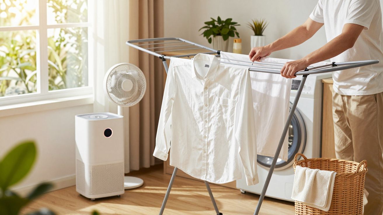 Homem estende roupa numa varanda interior, com ventoinha, purificador de ar e máquina de lavar ao fundo.