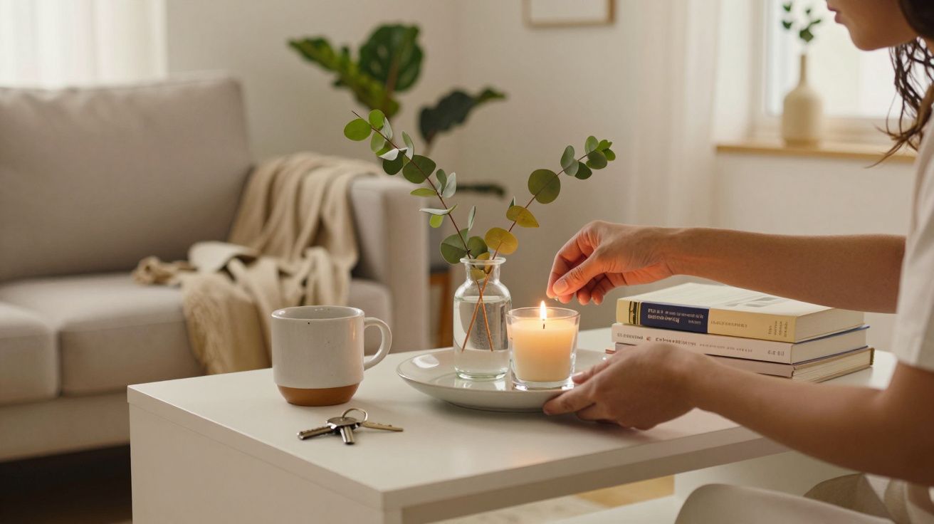 Mulher acende vela numa mesa branca com livros, chave, chávena e planta, numa sala com sofá cinza ao fundo.
