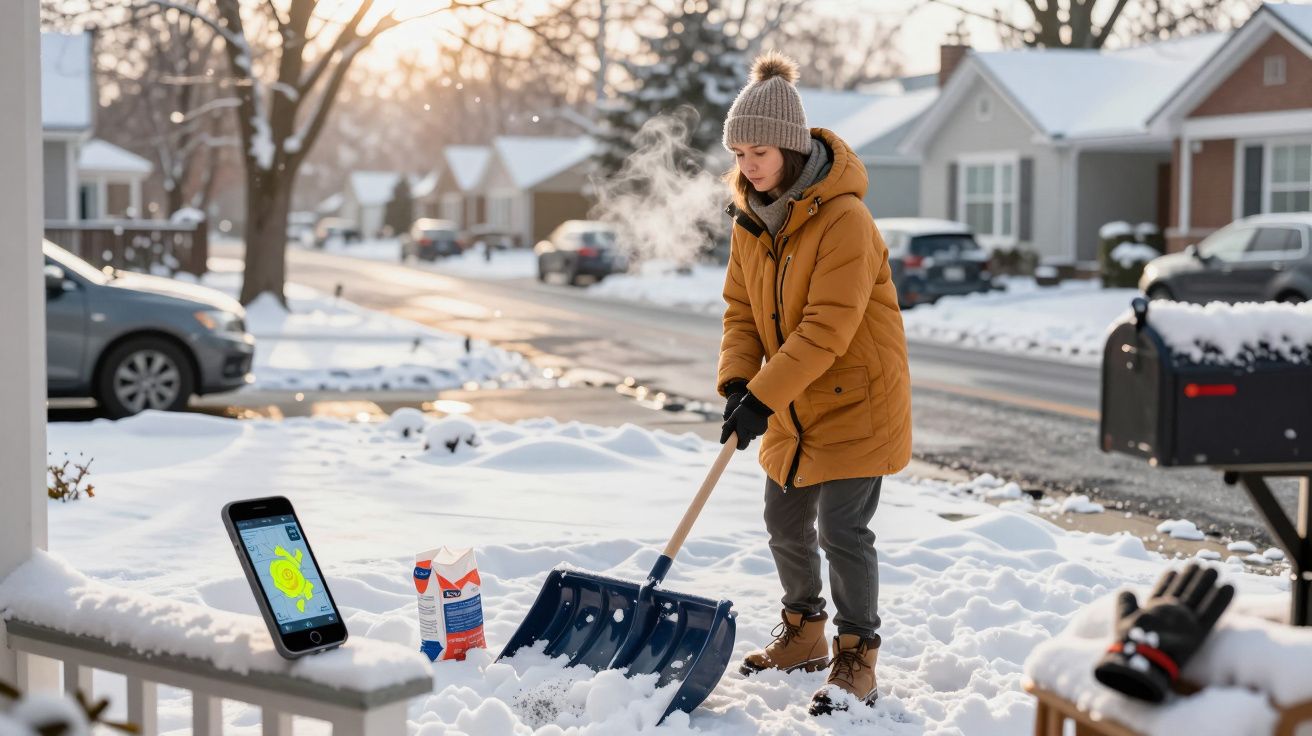 Pessoa vestida de casaco amarelo a retirar neve da calçada com uma pá, numa manhã fria e ensolarada.