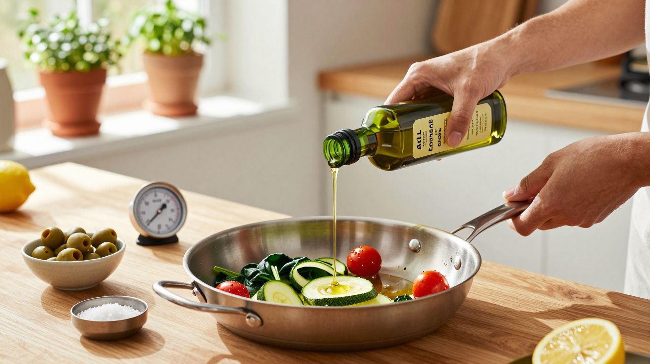 Pessoa a adicionar azeite a vegetais numa frigideira em cozinha com ervas e limão ao fundo.