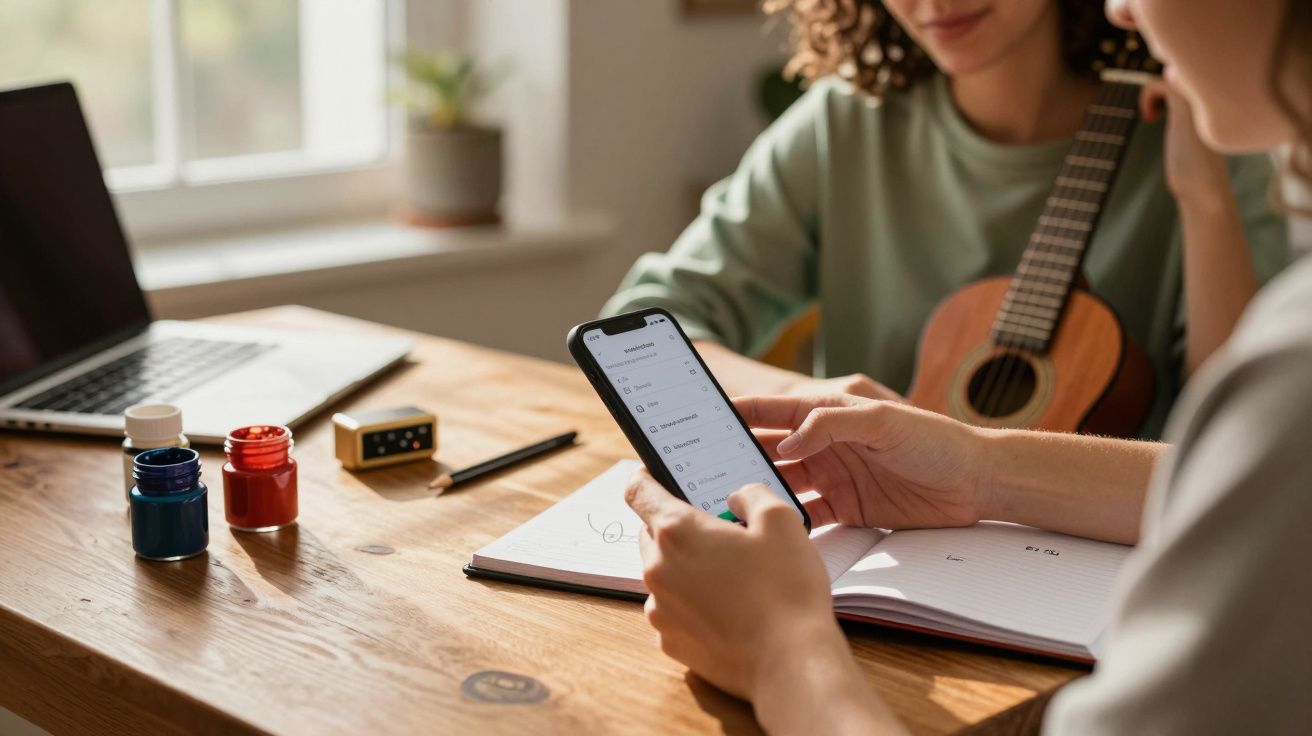 Pessoa segura smartphone ao lado de caderno, tinta e guitarra, numa mesa de madeira.