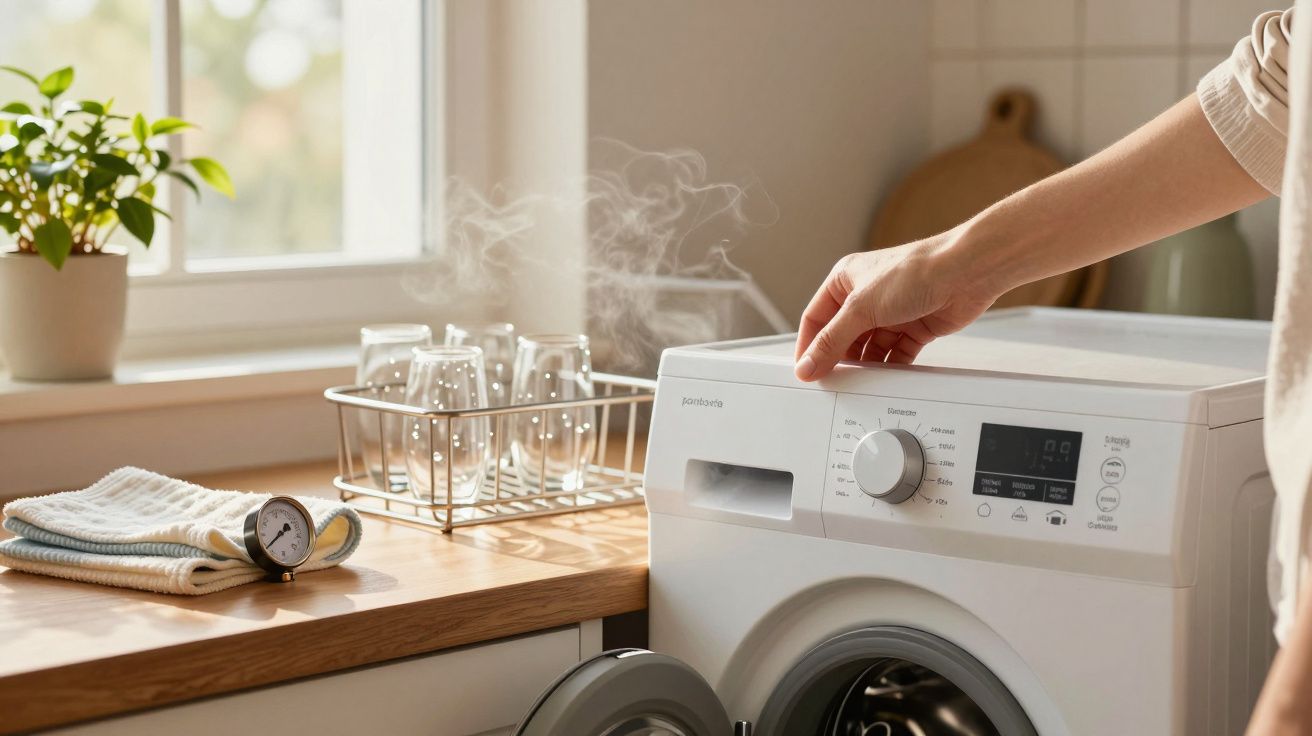 Pessoa ajusta máquina de lavar numa cozinha iluminada, com copos a secar e uma planta ao lado.