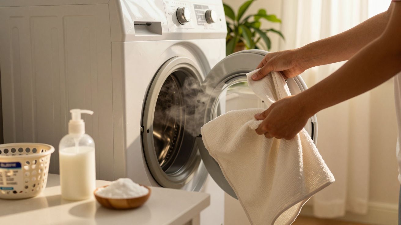 Pessoa retira toalha de máquina de lavar roupa com vapor. Produtos de limpeza estão ao lado em mesa branca.