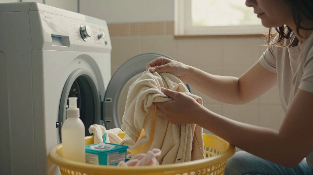 Pessoa a colocar roupas numa máquina de lavar, com cesto e materiais de lavagem ao lado.