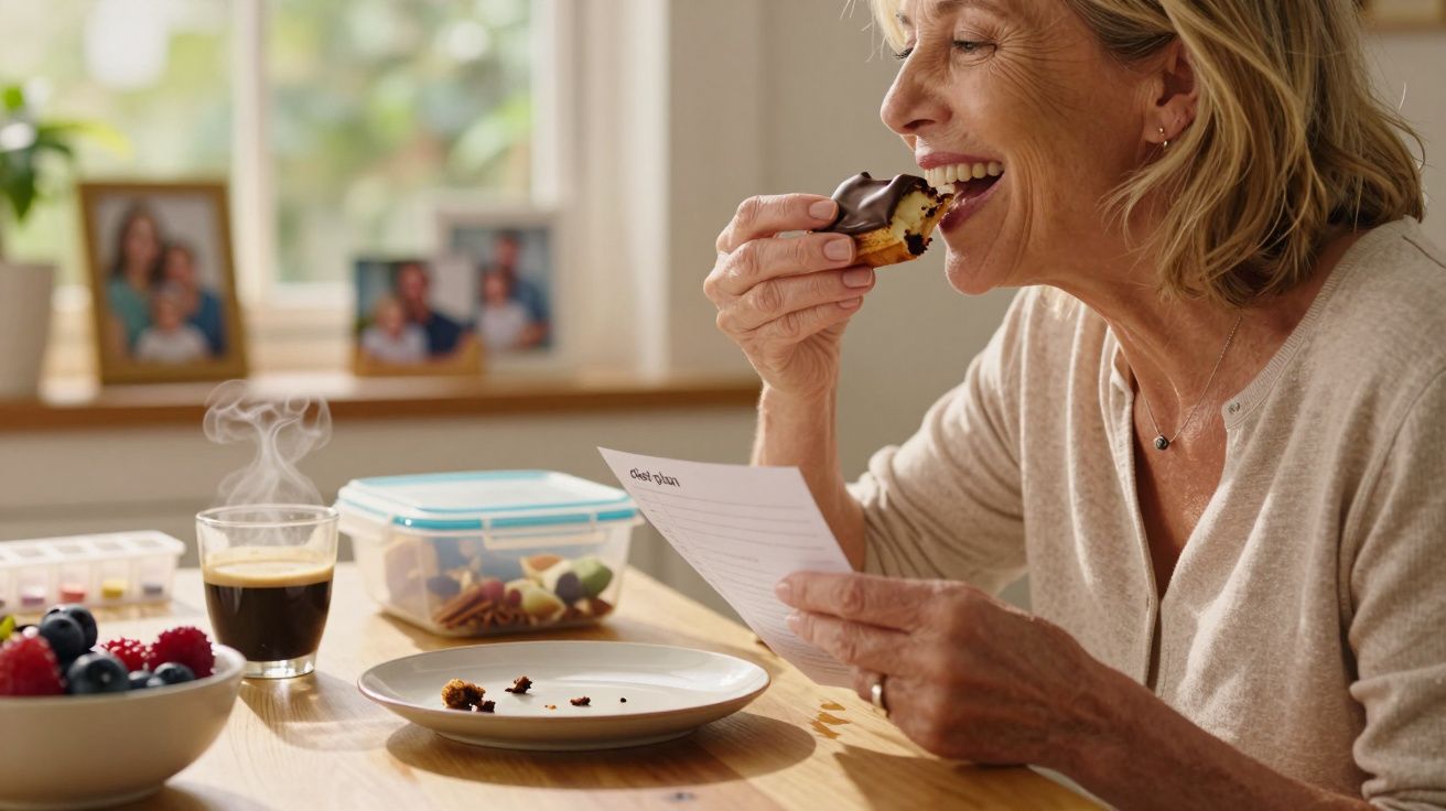 Mulher sorrindo come bolo de chocolate, segura lista de objetivos com café e fruta sobre a mesa.