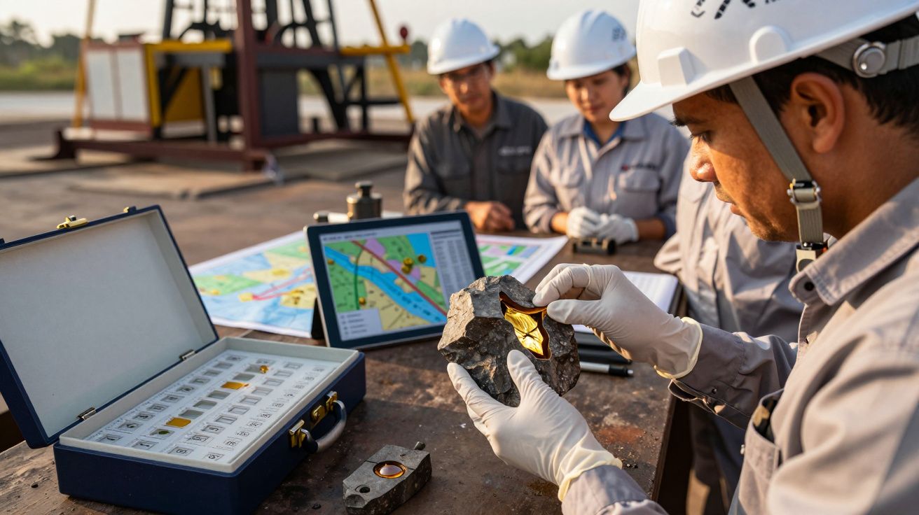 Engenheiro examina amostra de minério em local de extração com colegas, mapas e equipamento técnico ao fundo.