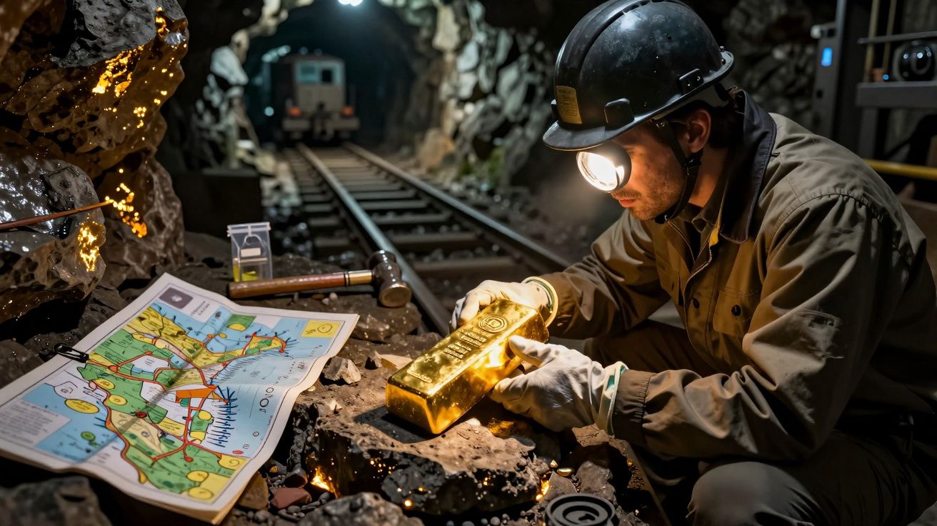 Mineiro examina barra de ouro numa mina, com mapa ao lado e túnel ferroviário ao fundo iluminado por capacete.