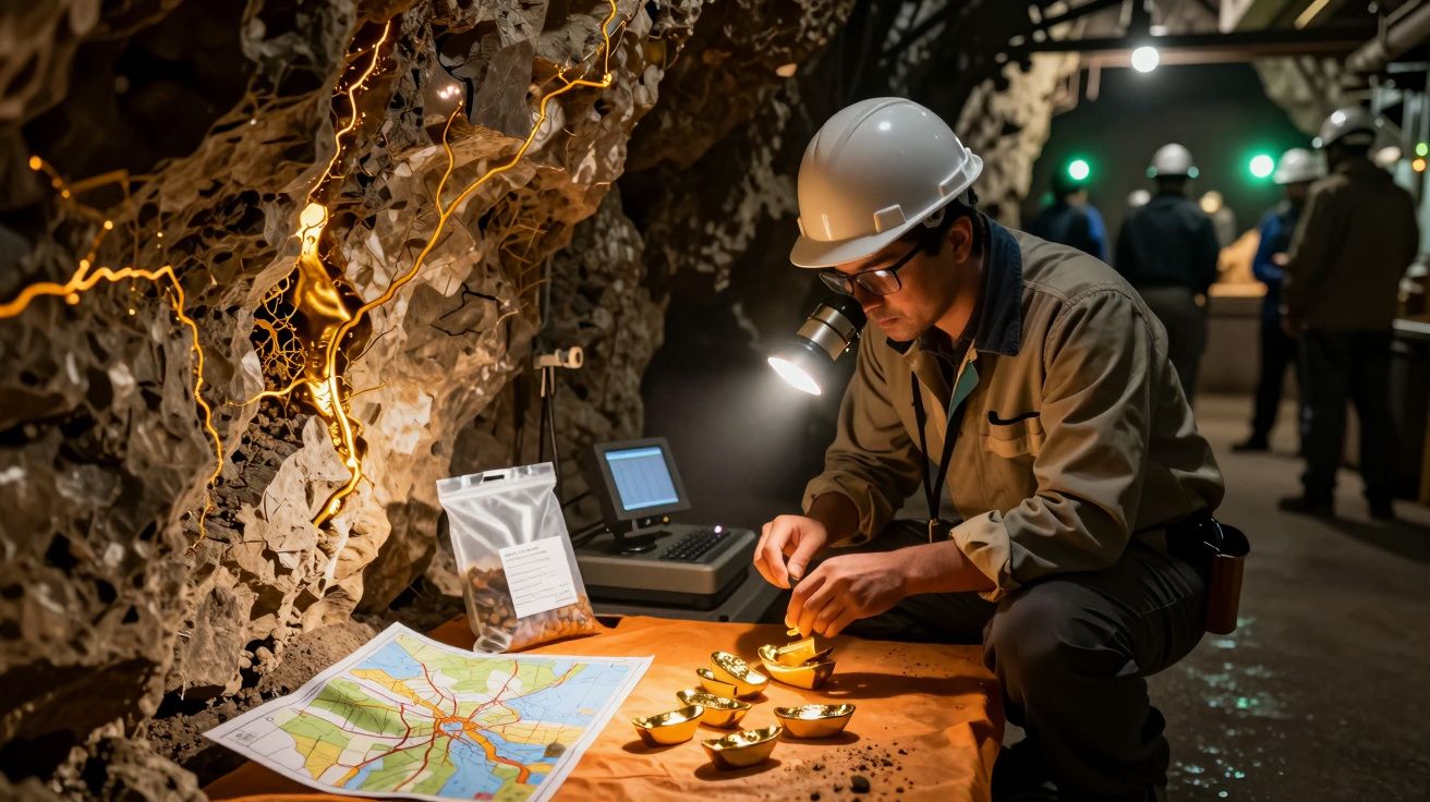 Minerador analisa pedras preciosas em mina, com capacete de proteção e mapa sobre a mesa.