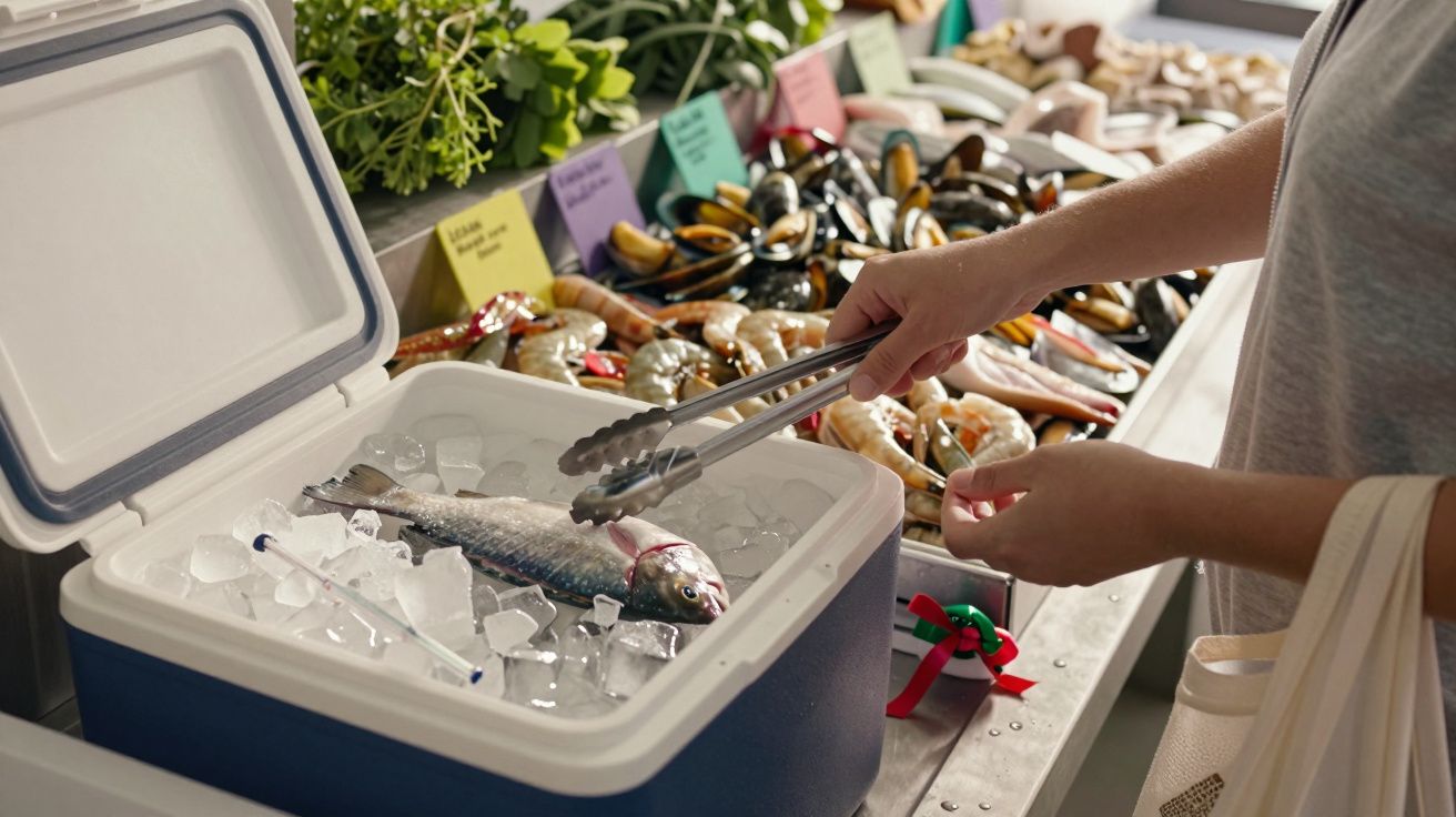 Pessoa pega peixe com pinça em caixa de gelo num mercado de marisco, com camarões e mexilhões ao fundo.