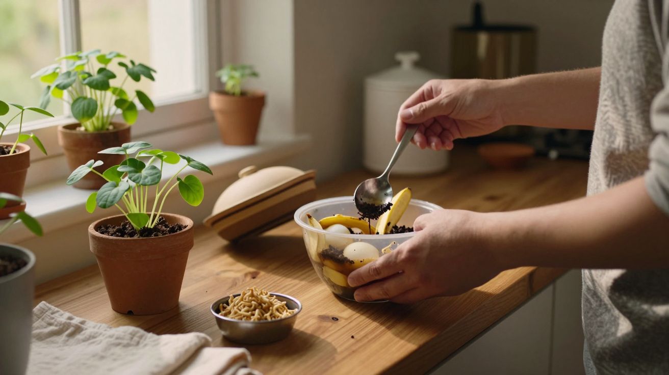 Pessoa prepara uma tigela com restos de comida para compostagem em cozinha com plantas em vasos.