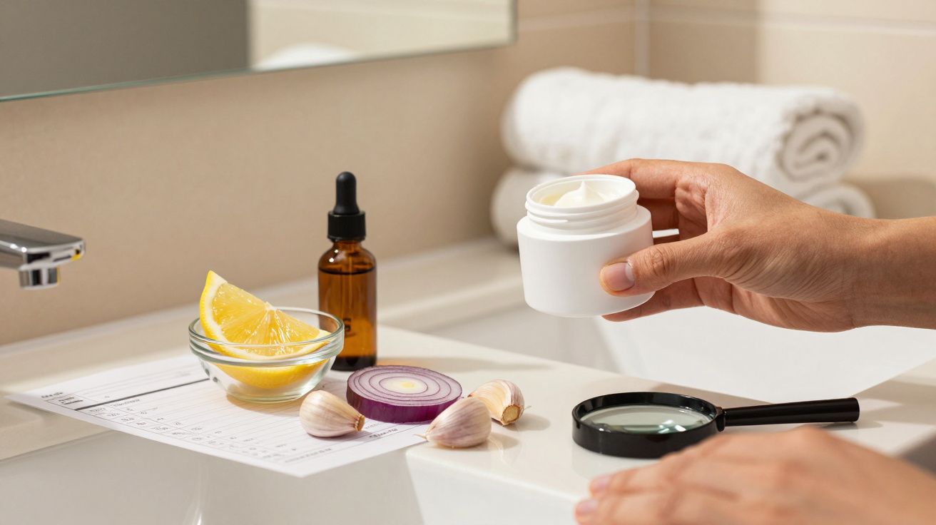 Mão segura pote de creme no balcão com limão, alho, cebola, frasco conta-gotas e lupa.