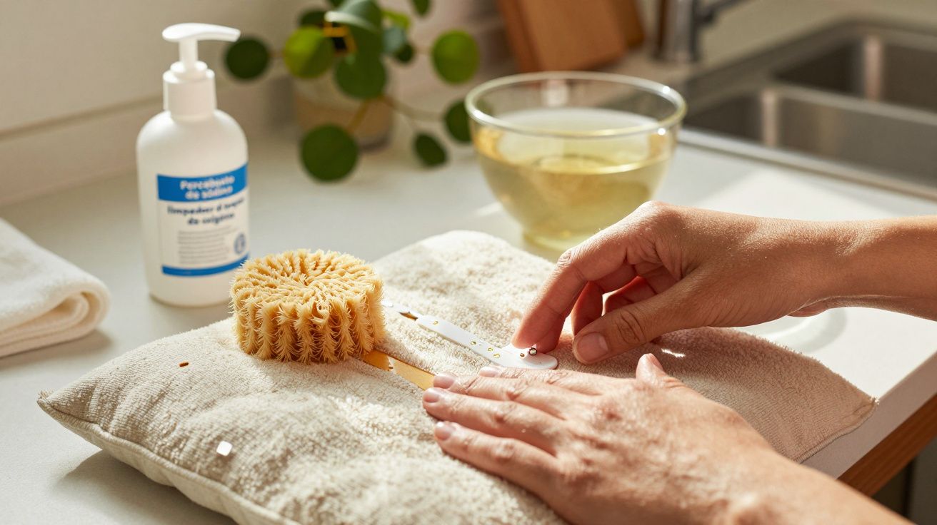 Mãos cuidando de outra mão sobre toalha; escova de limpeza e sabonete líquido ao lado.